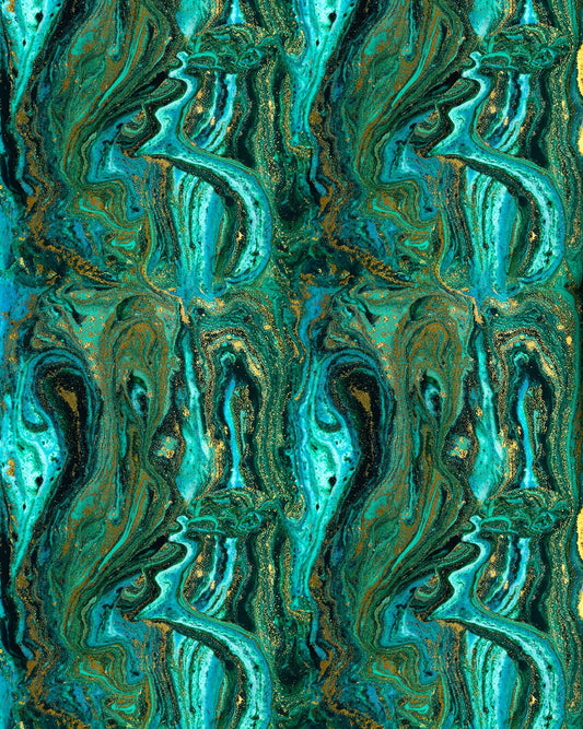 Natural Satin Silk with Abstract Emerald Gold Print