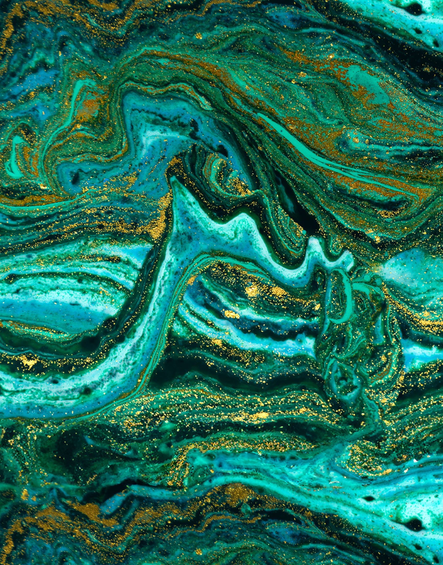 Natural Satin Silk with Abstract Emerald Gold Print