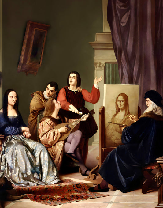 Natural silk twill with a print of Leonardo painting the Mona Lisa