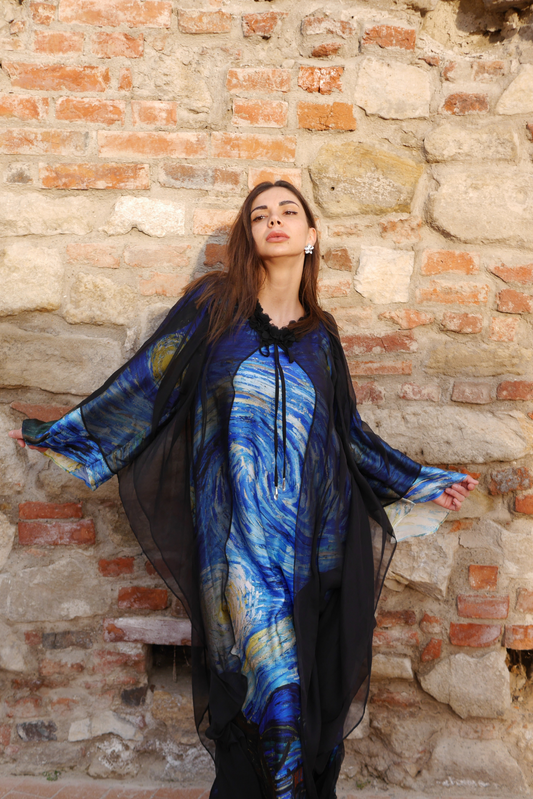 Dubai fashion abaya – Ras Al Khaimah Set featuring artistic Van Gogh silk caftan