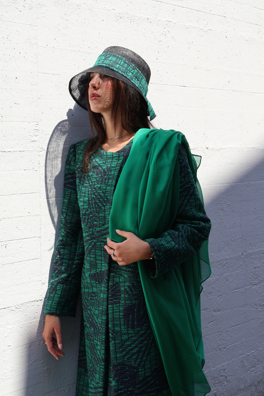 Handcrafted Fujaira Set – matching cotton dress with sapphire blue silk chiffon sleeves and Austrian crystals