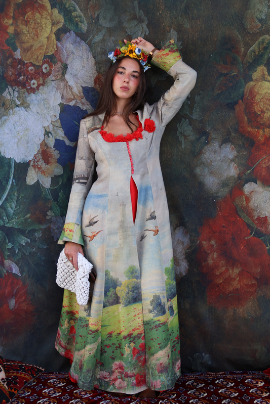 Handcrafted Khawr Fakkan Set – printed linen redingote-abaya with pastoral landscape