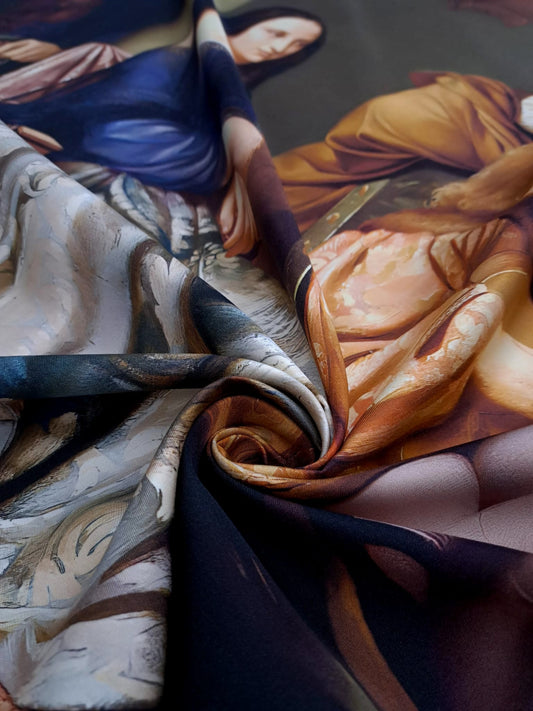 Natural silk twill with a print of Leonardo painting the Mona Lisa