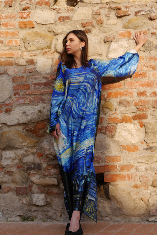 Luxury abaya set – Ras Al Khaimah with Van Gogh Starry Night print and silk chiffon layering